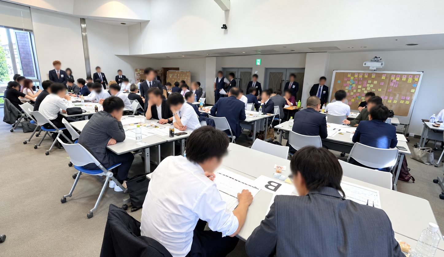 複数の企業が会社ごとのテーブルに分かれ、大判の地図に付箋を貼りながら議論しているワークショップの様子